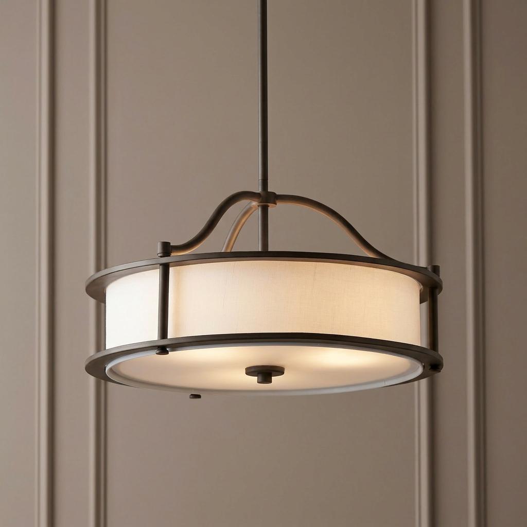 Bronze semi-flush pendant ceiling light with a white drum shade and curved metal frame against a paneled wall.