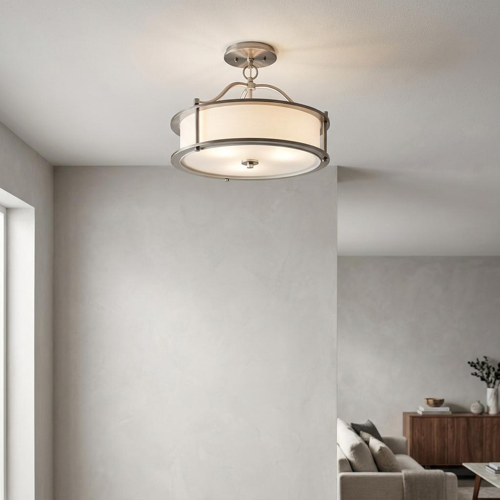 A 3-light pewter semi-flush pendant light with a white drum shade and glass diffuser on a neutral ceiling.