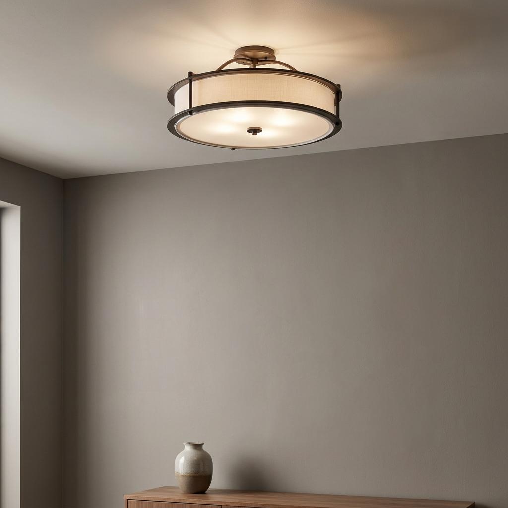 Kichler Emory 4-light bronze semi-flush chandelier with a fabric drum shade mounted on a neutral ceiling.