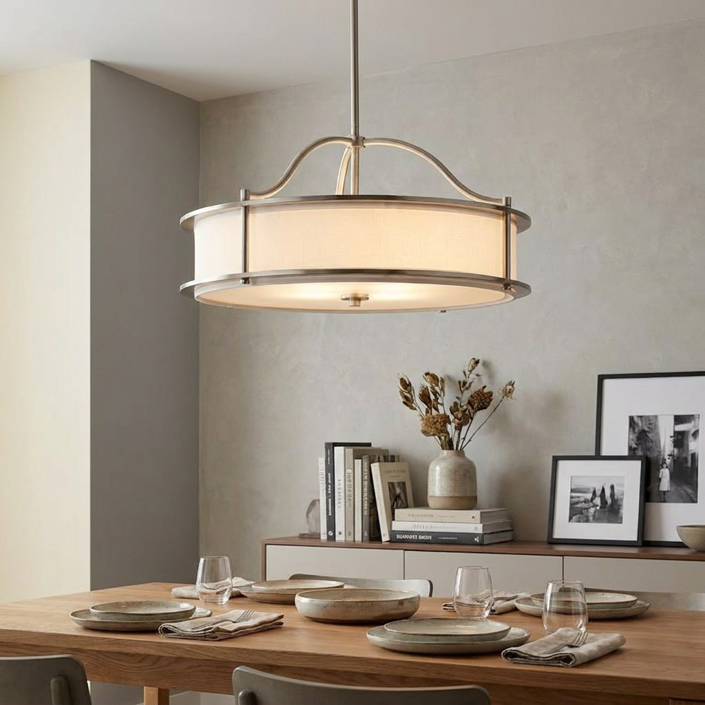 Kichler Emory 4-light pewter chandelier with a white drum shade hanging over a set wooden dining table.