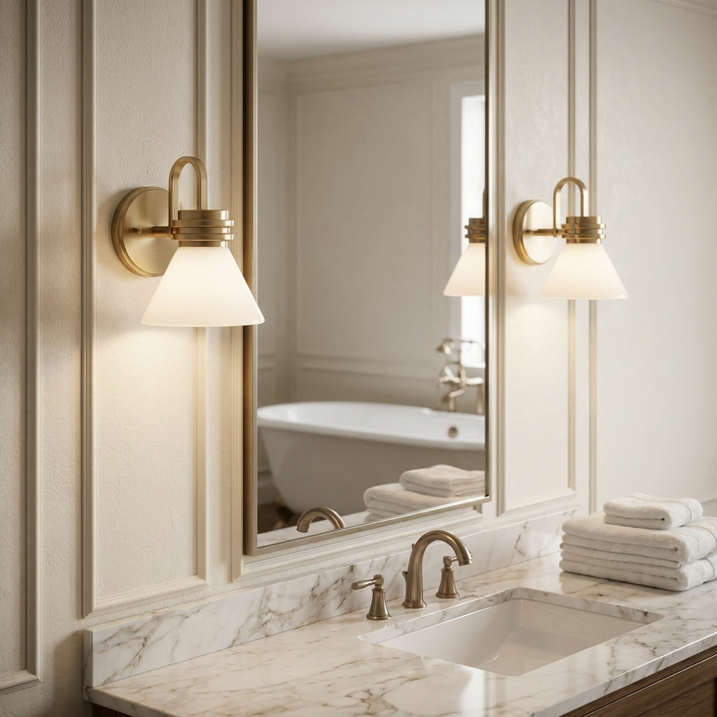 Champagne bronze wall lights with frosted glass shades mounted on either side of a bathroom vanity mirror.