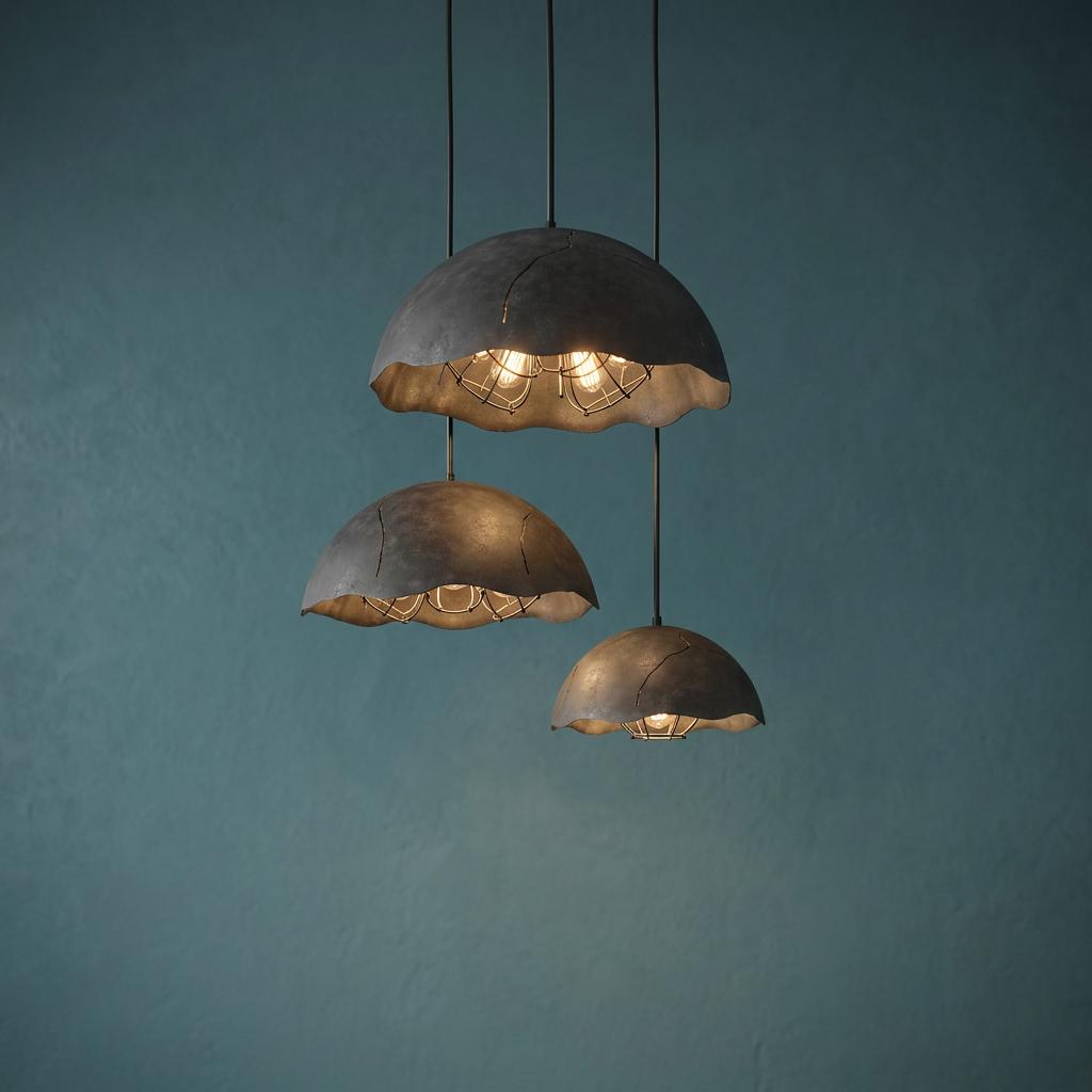 Three textured zinc dome pendant lights with internal cages hanging at varying heights against a blue wall.