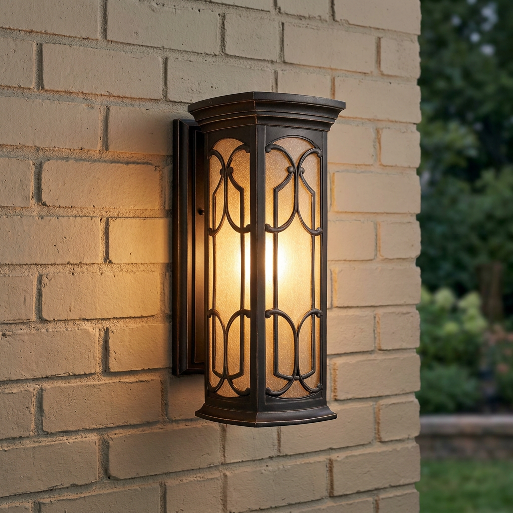 Kichler Franceasi Olde Bronze outdoor wall light with intricate scrollwork glowing warmly on a tan brick wall.