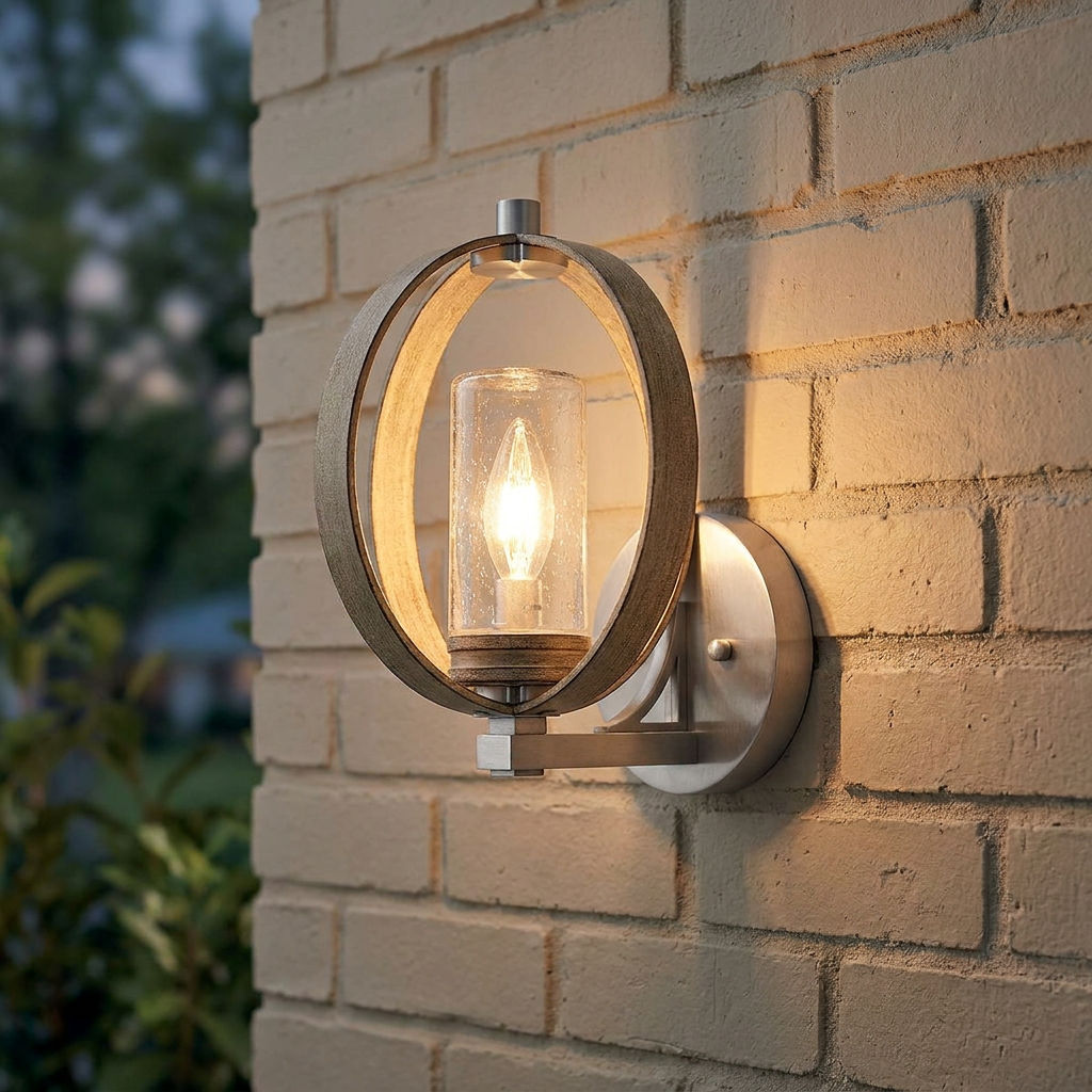 Lit Kichler Grand Bank outdoor wall light with a circular grey frame and seeded glass cylinder on a brick wall.