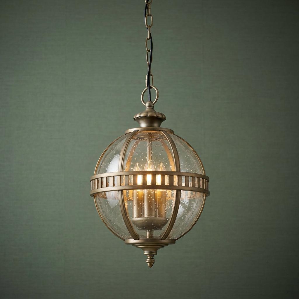 Bronze 3-light outdoor lantern with a seeded glass globe and decorative cage hanging against a textured green wall.
