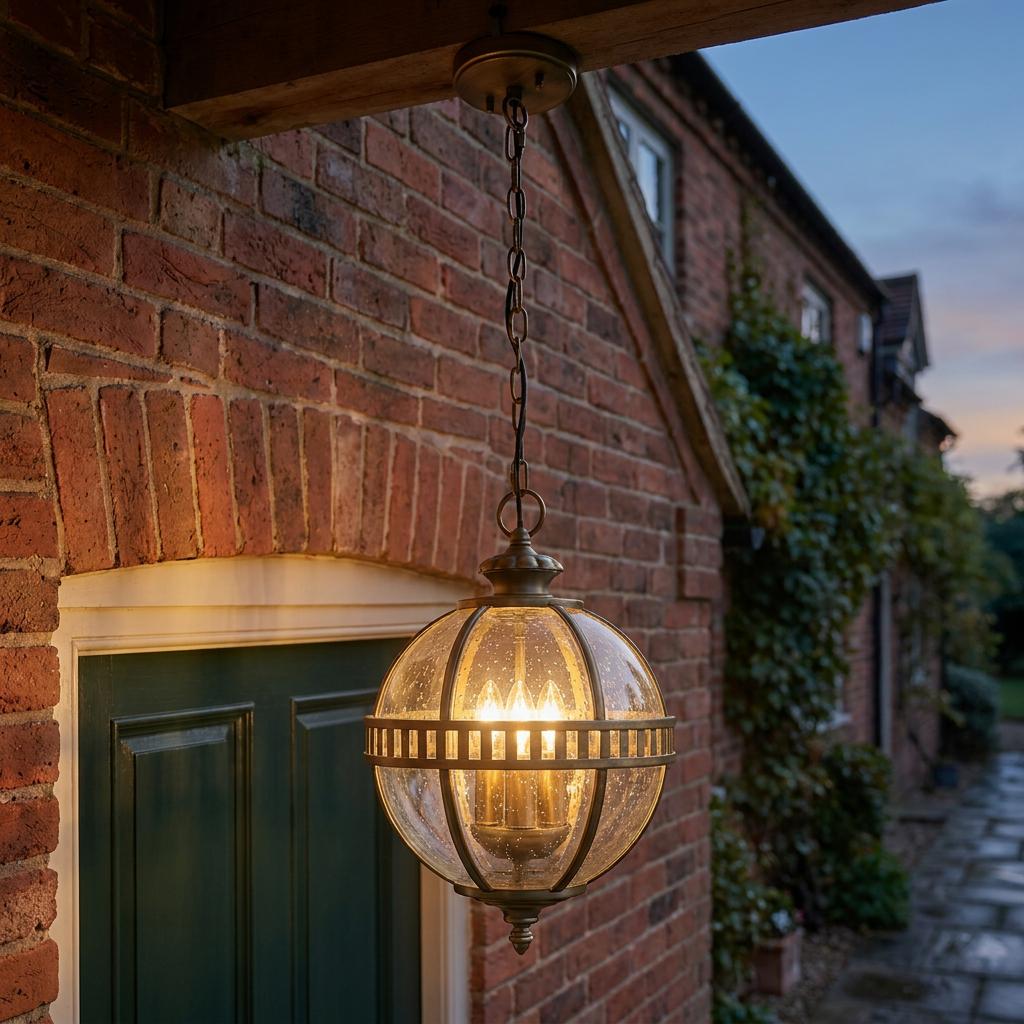 A Kichler Halleron 3 light bronze outdoor chain lantern with seeded glass globe hanging by a brick house at dusk.