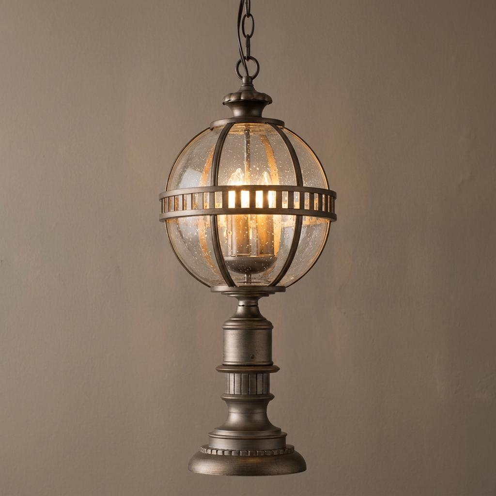 Kichler Halleron bronze outdoor pedestal lantern featuring a seeded glass globe and three internal light bulbs.