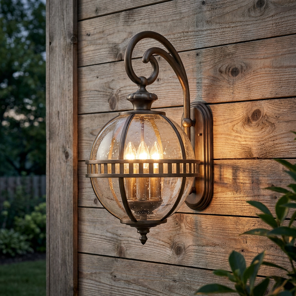 Lit Kichler Halleron bronze outdoor wall light with spherical seeded glass mounted on a rustic wooden wall.