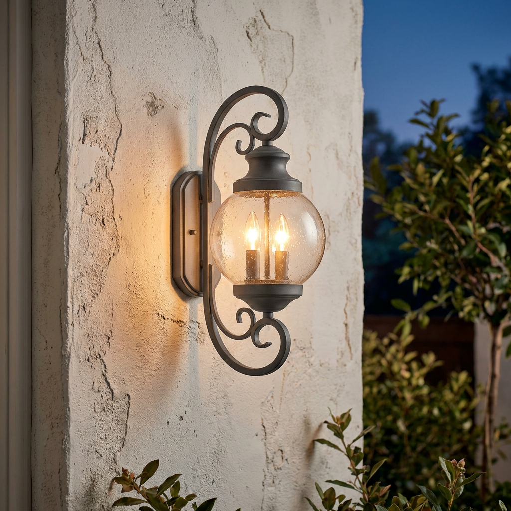 Kichler Halleron outdoor wall light with ornate scrollwork and a seeded glass globe on a textured stone wall.