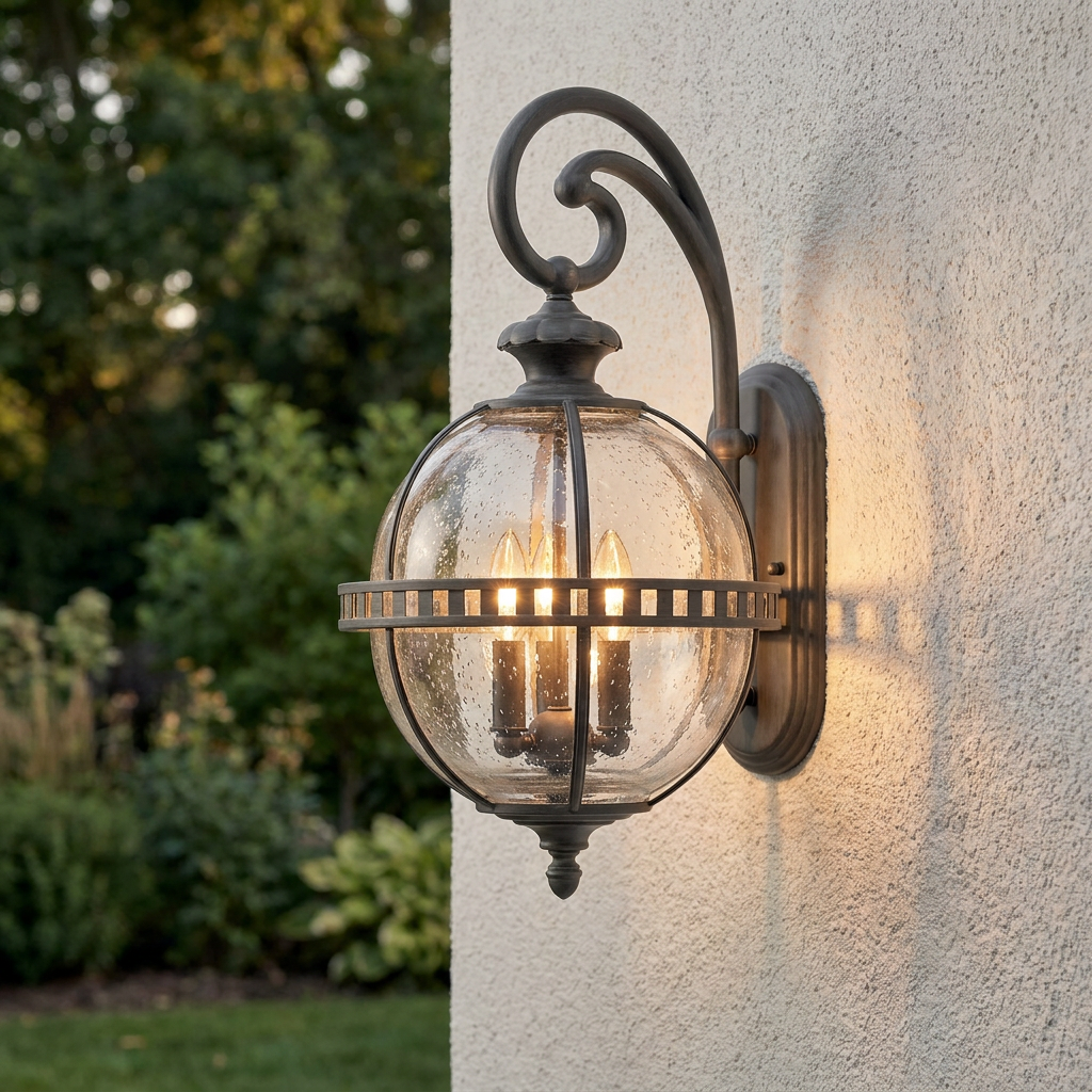 Kichler Halleron outdoor wall light with a seeded glass globe and three glowing bulbs on a white stucco wall.