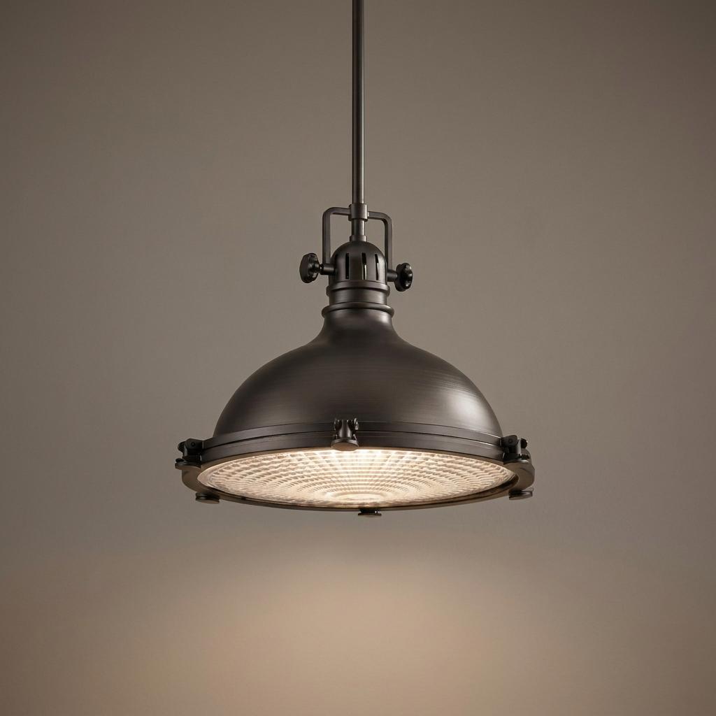 Industrial Kichler Hatteras Bay XL Old Bronze ceiling pendant with a lit fresnel glass lens and dome shade.