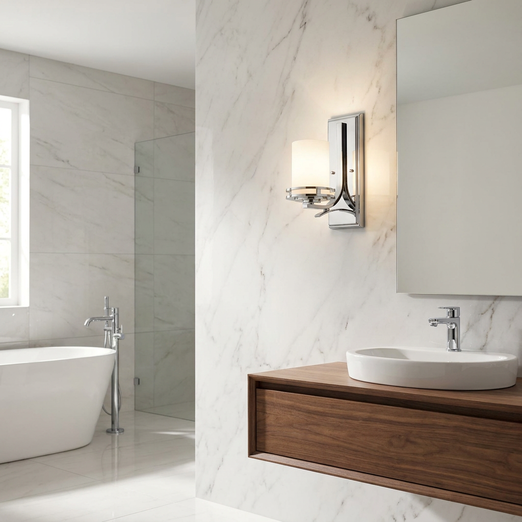 Kichler Hendrik polished chrome wall light with a white glass shade on a marble bathroom wall.