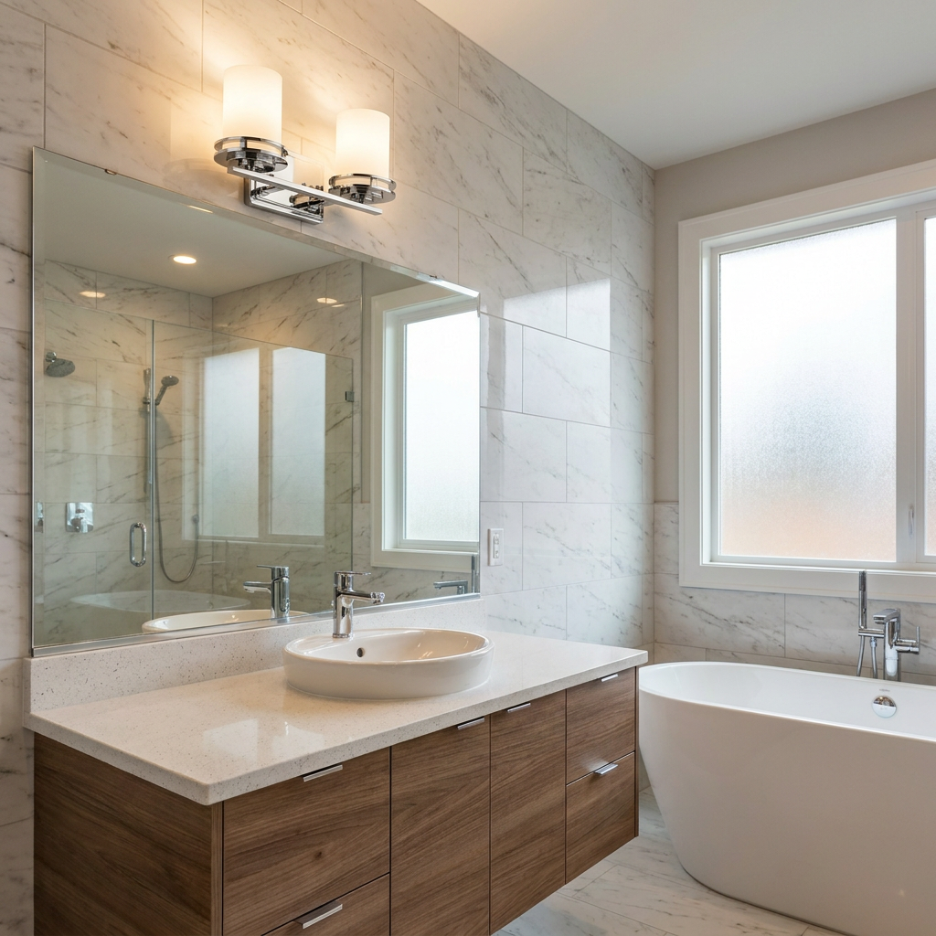Kichler Hendrik 2 light polished chrome fixture glows above a bathroom mirror in a modern marble-tiled room.