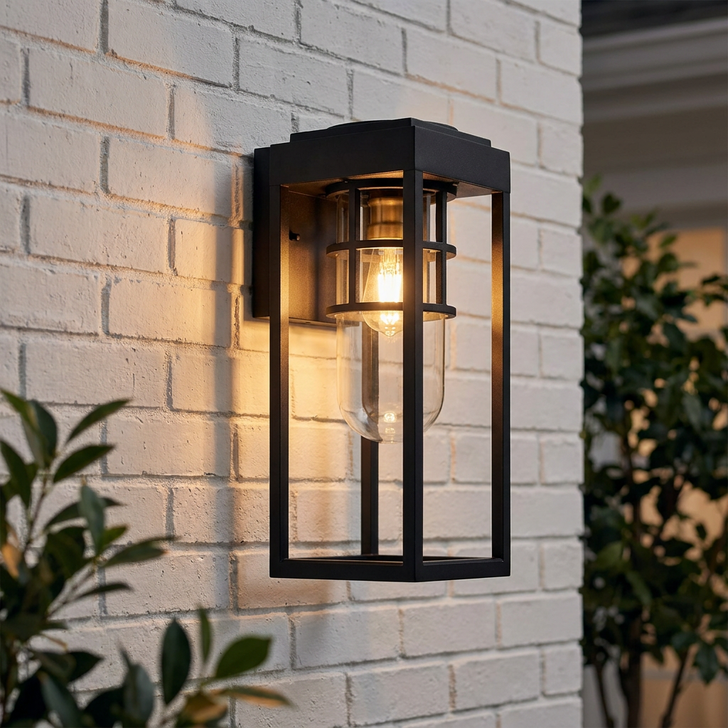 Black Kichler Hone Coastal wall lantern with a clear glass shade and warm bulb on a white brick exterior wall.