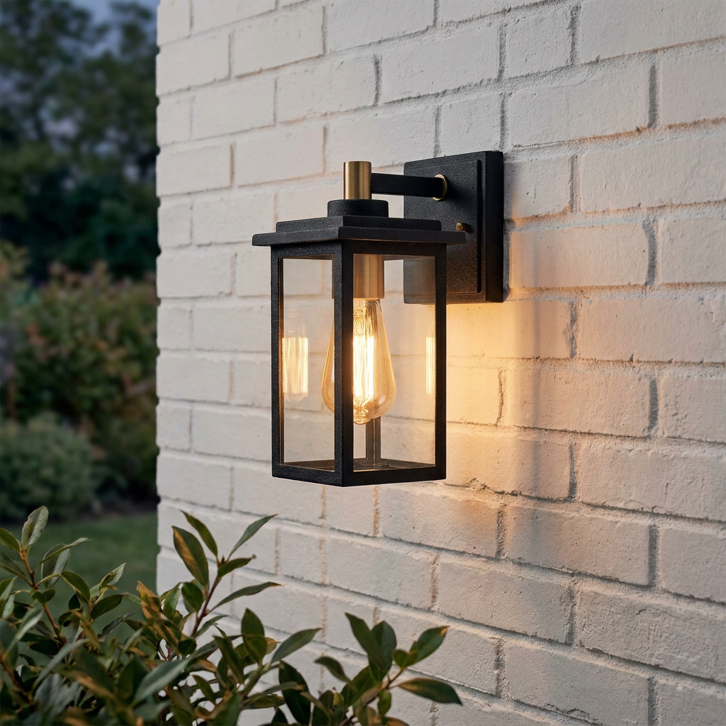 Modern black and brass outdoor lantern with a warm glowing bulb mounted on a white brick wall.