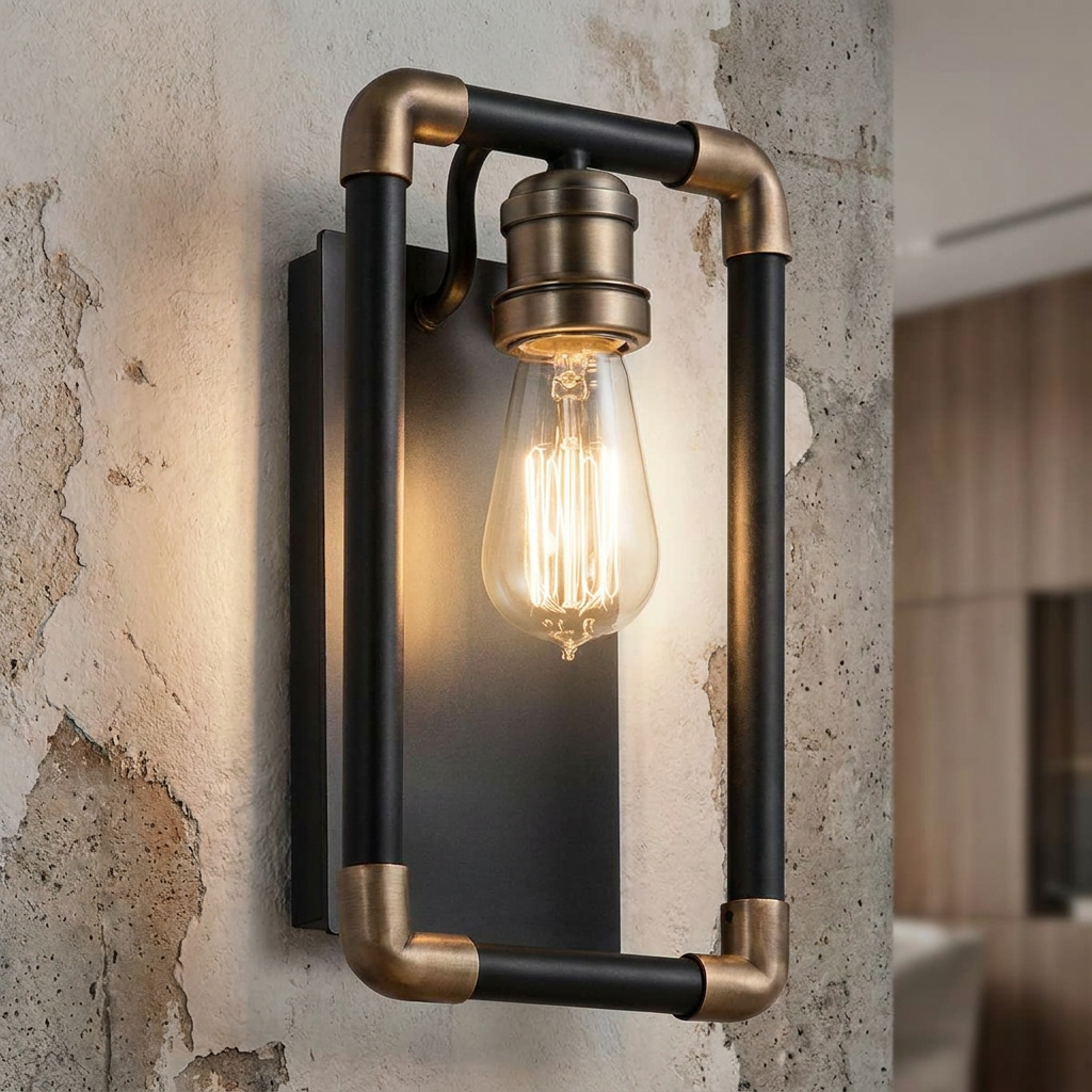 Industrial wall light with a black and brass pipe frame and exposed Edison bulb on a distressed concrete wall.