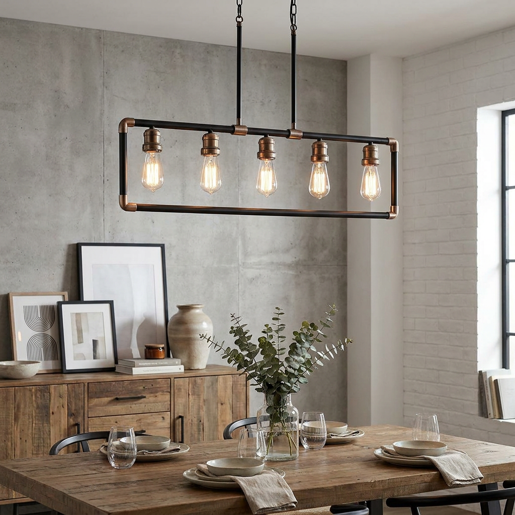 Industrial 5-light linear chandelier in black and brass with Edison bulbs over a rustic wooden dining table.