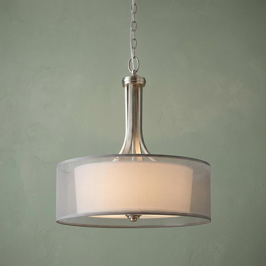 Kichler Lacey antique pewter pendant light featuring a white fabric inner shade and grey organza outer shade.