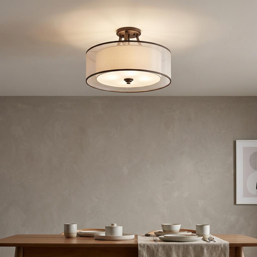 Bronze semi-flush ceiling light with a double drum shade illuminates a minimalist dining room setting.