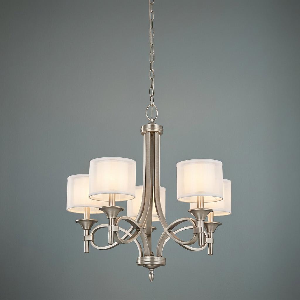 Five-light antique pewter chandelier featuring double organza and opal shades with elegant curved metal arms.