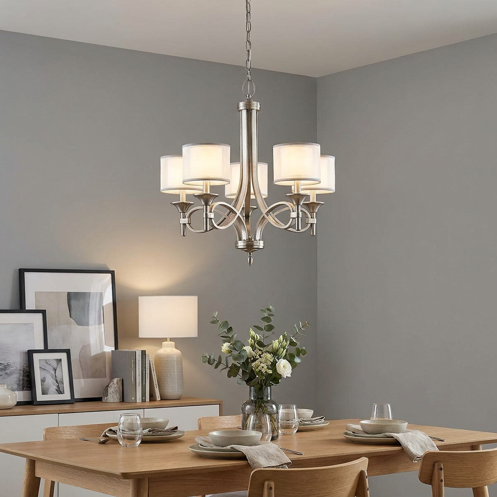 Five-light chandelier with antique pewter finish and white drum shades hanging above a set wooden dining table.