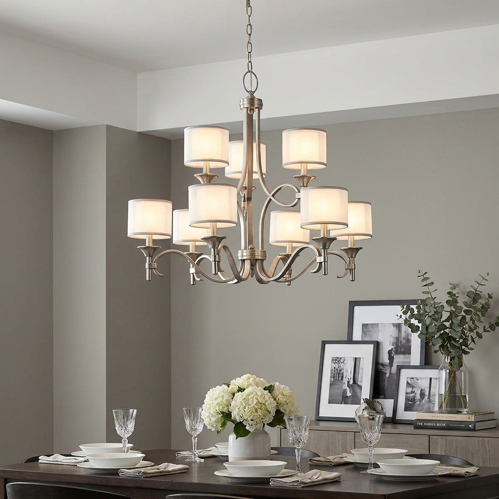 Antique pewter 9-light chandelier with white drum shades over a dining table set with flowers and glassware.