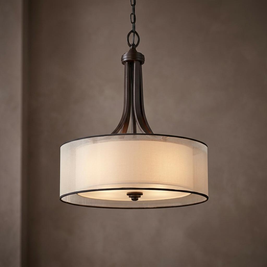 Kichler Lacey mission bronze pendant light with a double drum shade and curved metal arms.