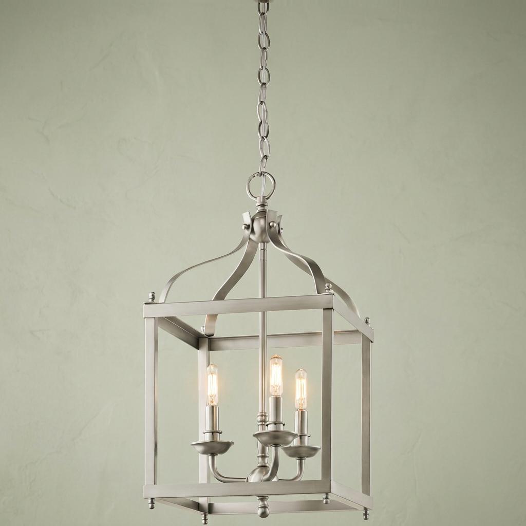 A three-light brushed nickel lantern pendant with an open frame and candelabra bulbs against a pale green wall.