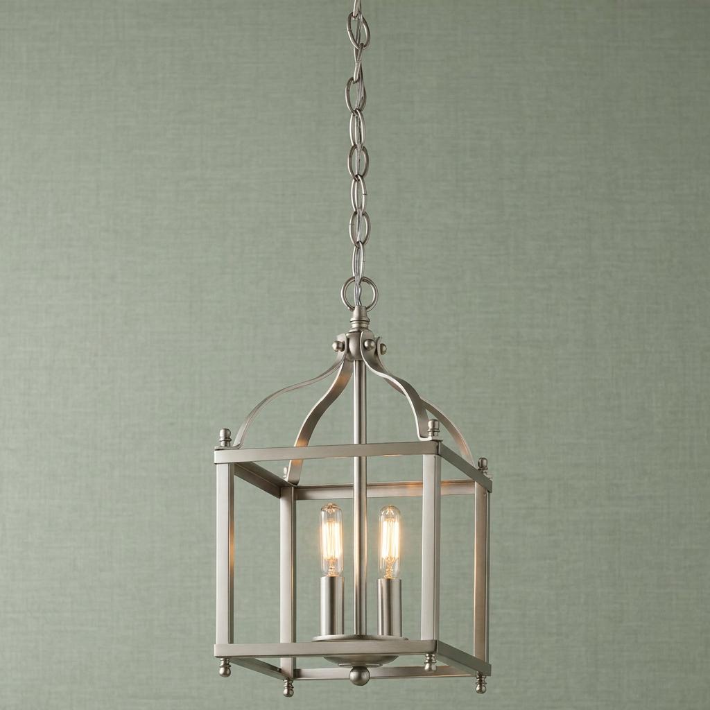 Brushed nickel two-light lantern pendant with a square frame hanging against a green textured wall.