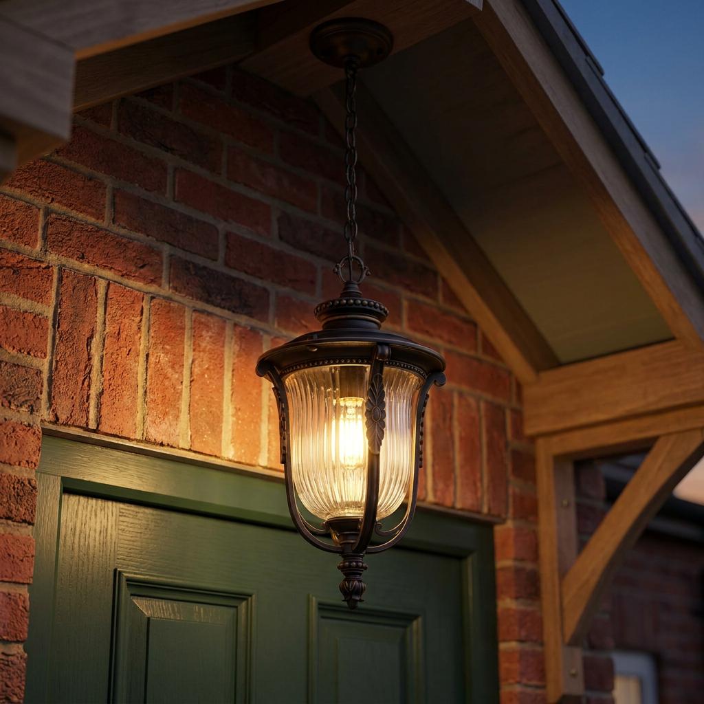 A lit Kichler Luverne rubbed bronze outdoor pendant light hanging under a porch eave against a brick wall.