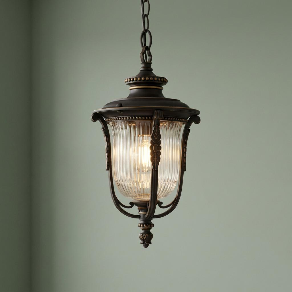 Kichler Luverne rubbed bronze outdoor pendant light with a ribbed glass lantern and warm glow against a green wall.