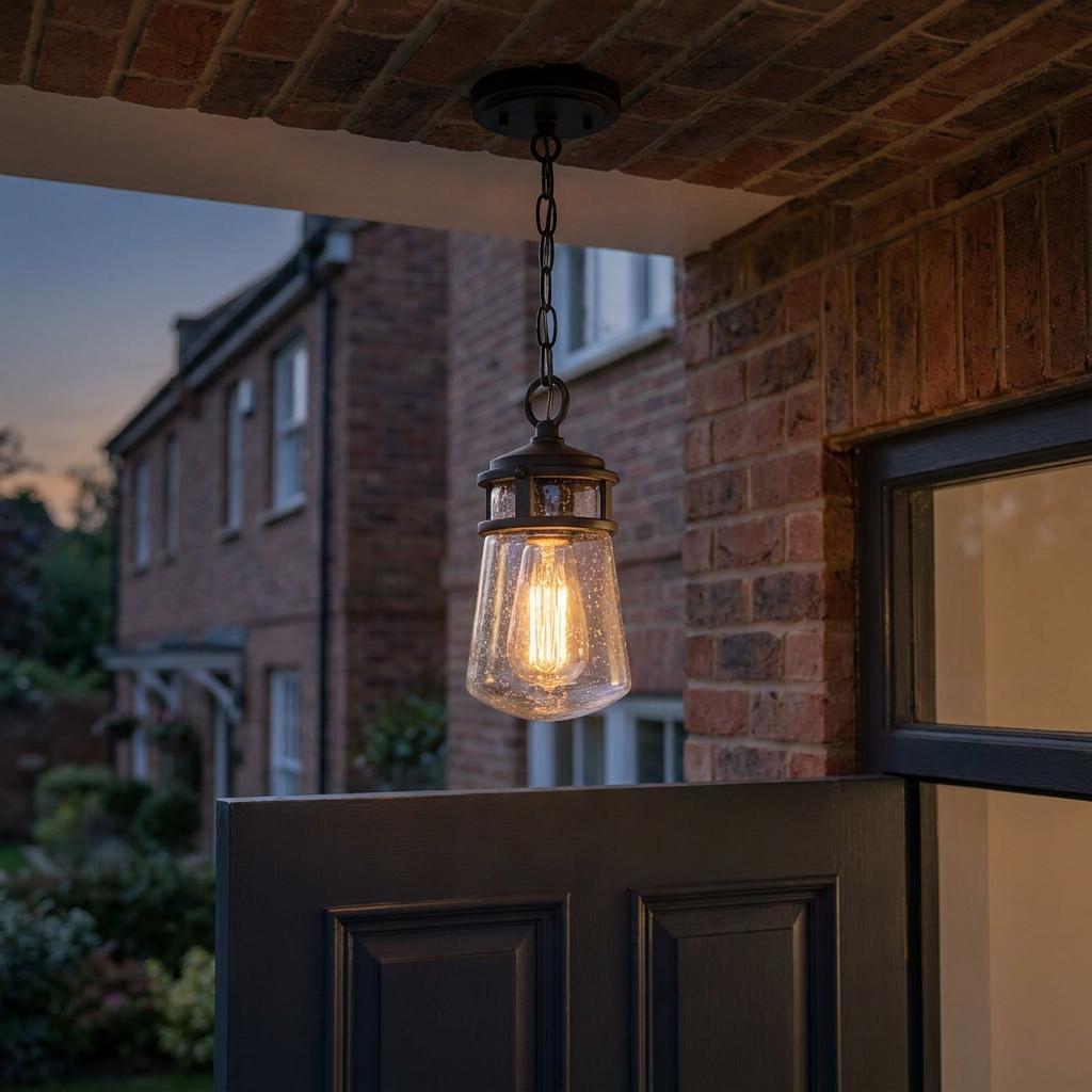 Kichler Lyndon small outdoor lantern in architectural bronze with seeded glass hanging on a brick porch at dusk.