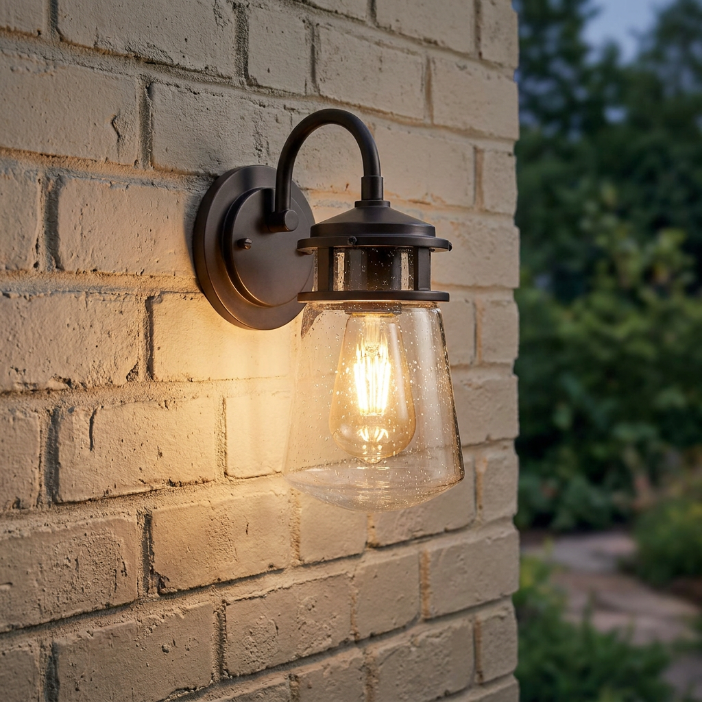 A Kichler Lyndon architectural bronze outdoor wall light with seeded glass glows on a brick wall at dusk.