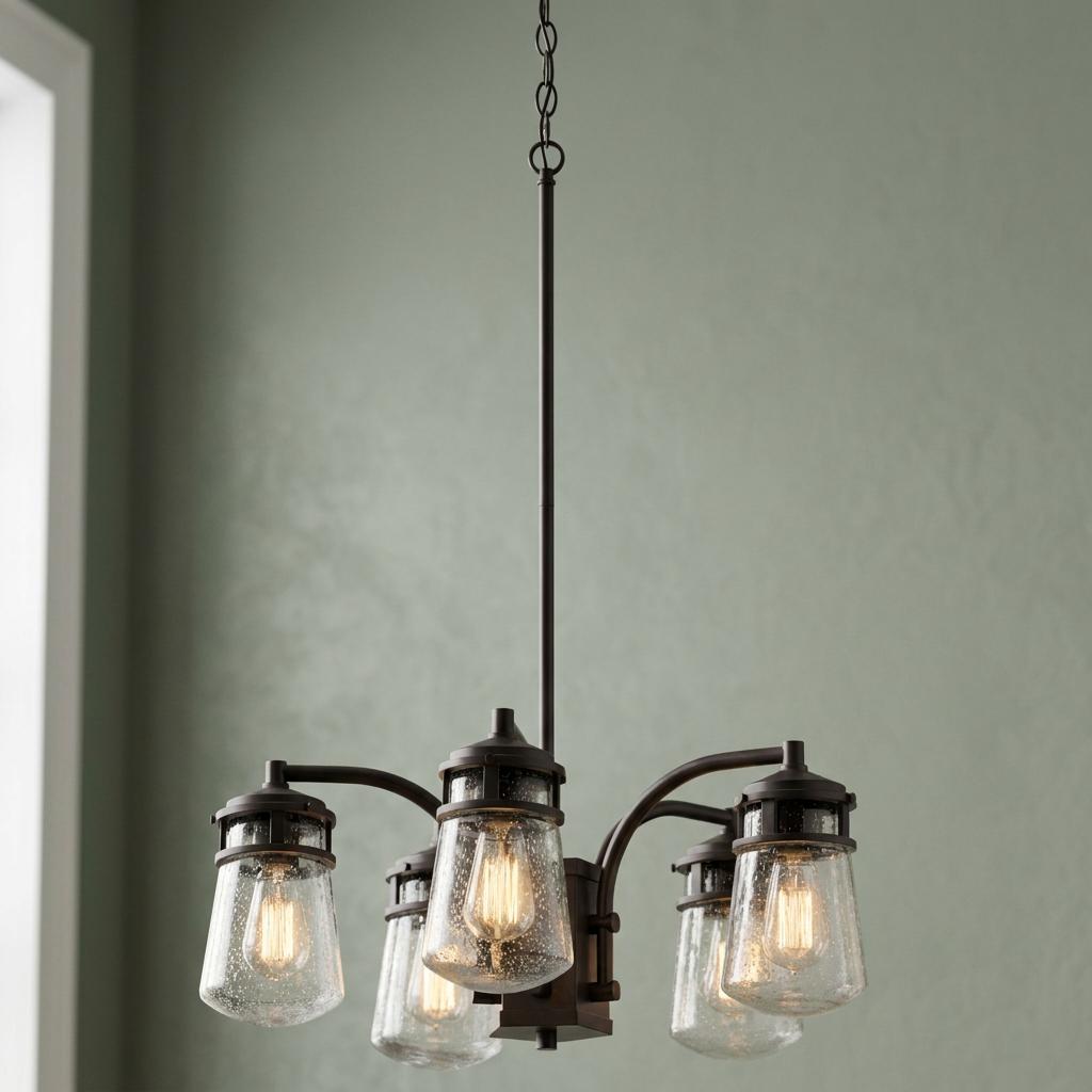 Kichler Lyndon Outdoor 5 Light Bronze Pendant with seeded glass shades against a green wall.