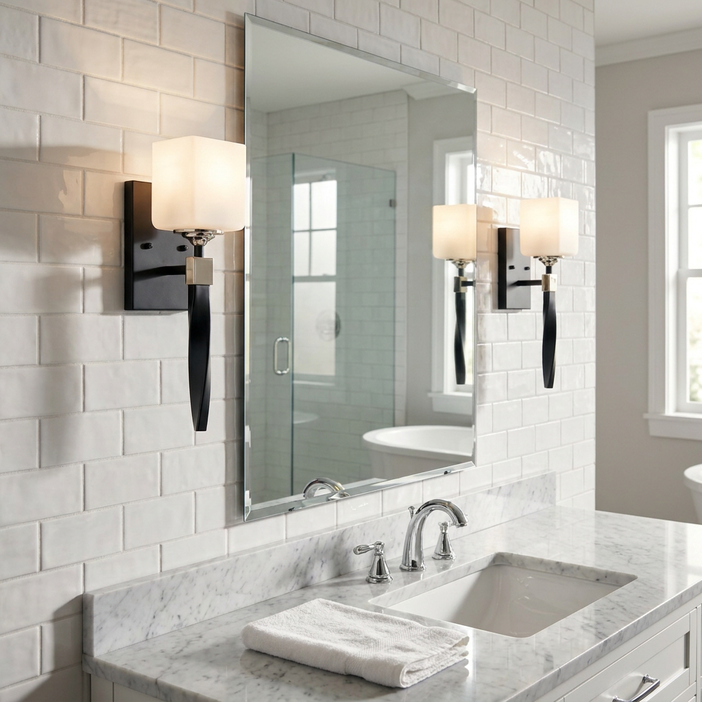 Modern black wall sconce with square frosted shade mounted on white subway tile next to a bathroom mirror.