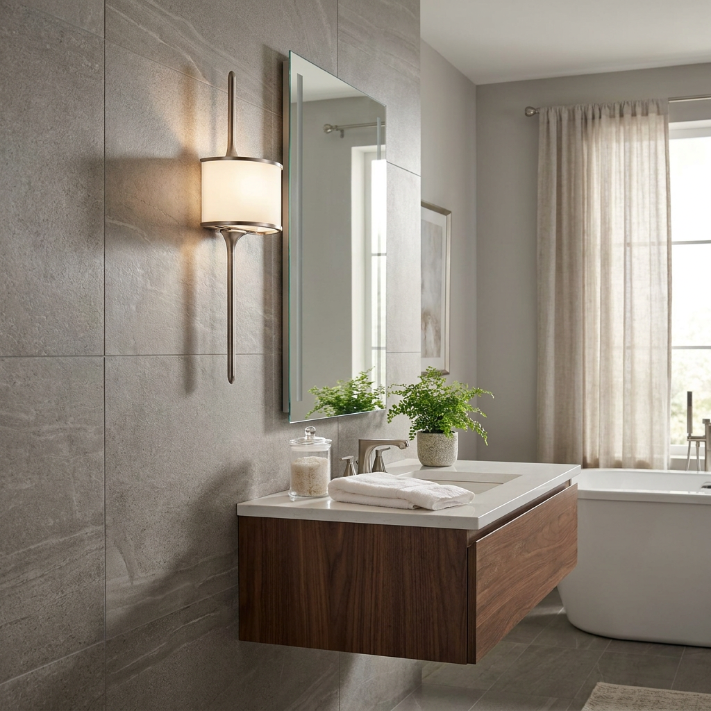 Pewter wall sconce with long vertical stems and a white shade on a grey tiled bathroom wall.