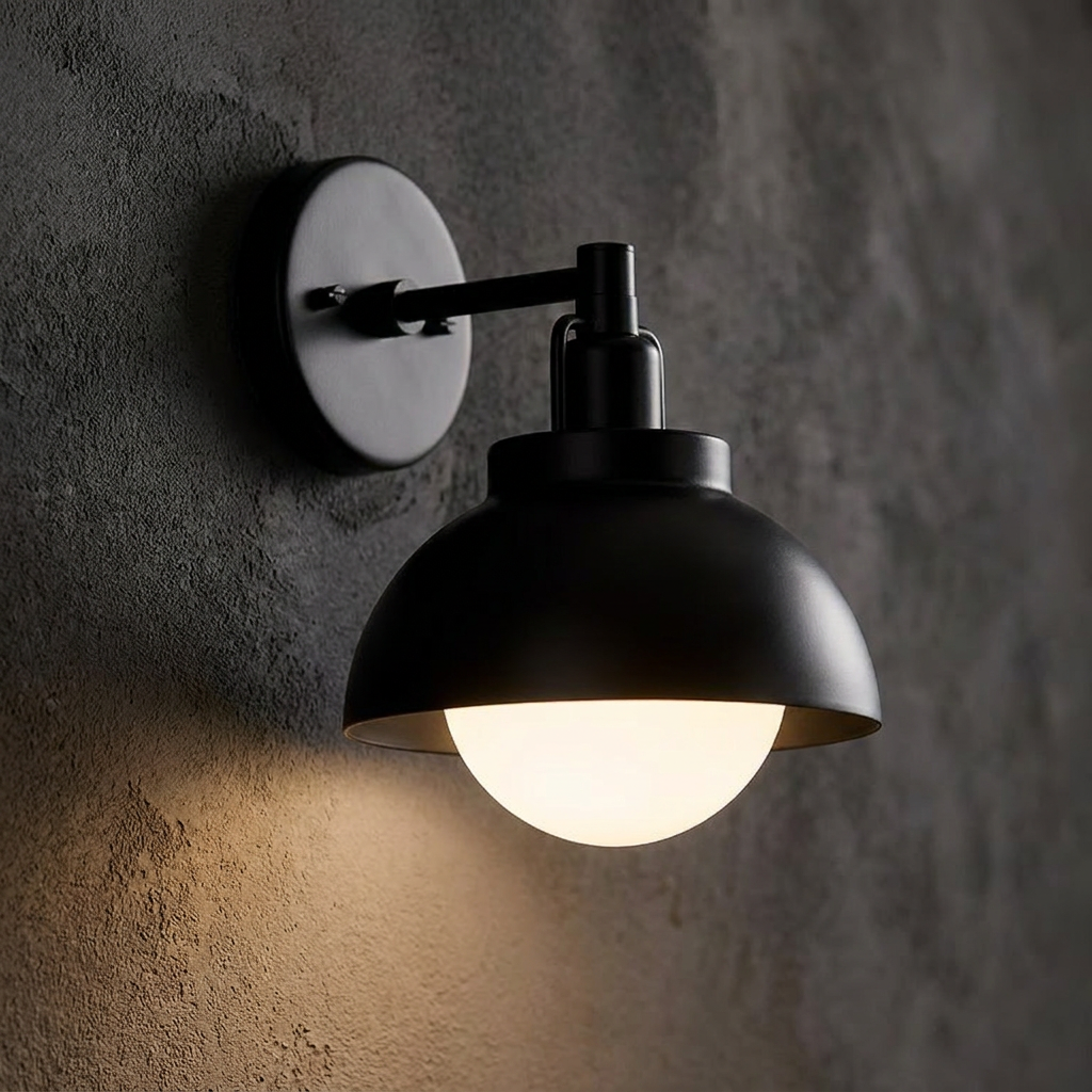 Matte black wall sconce with a domed shade and glowing white globe bulb mounted on a textured gray wall.