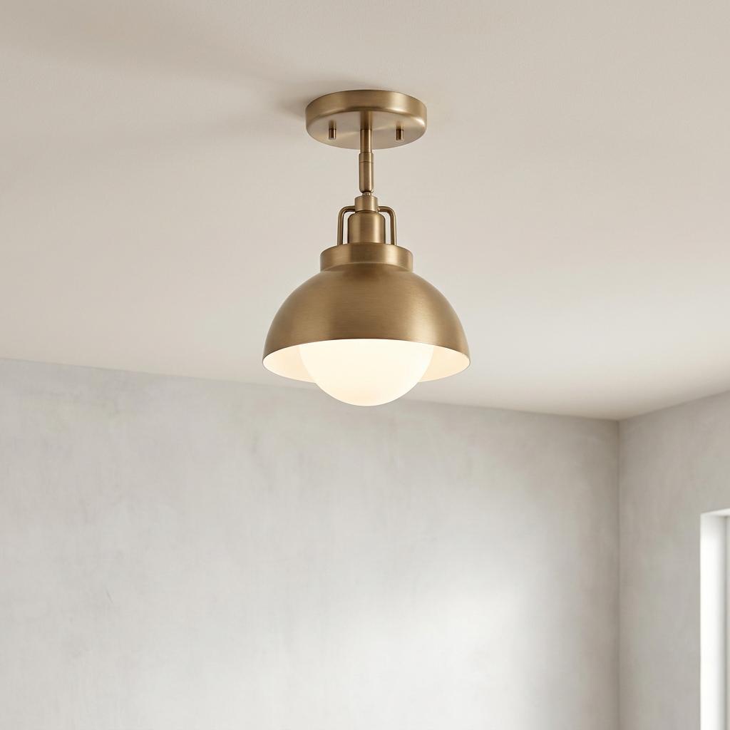 Bronze semi-flush ceiling light with a dome shade and glowing opal globe in a neutral-toned room.