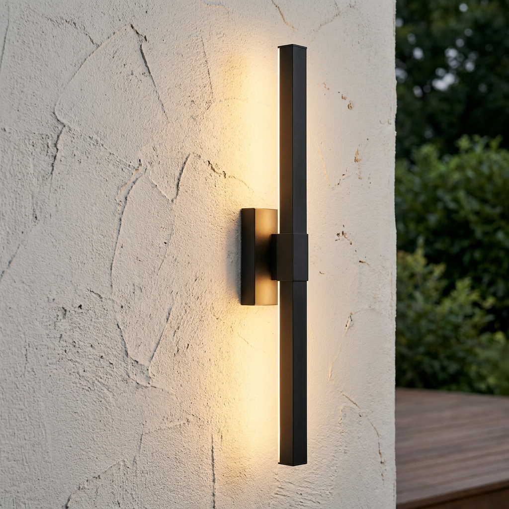 Modern black linear LED exterior wall light casting a warm glow on a textured stucco wall.
