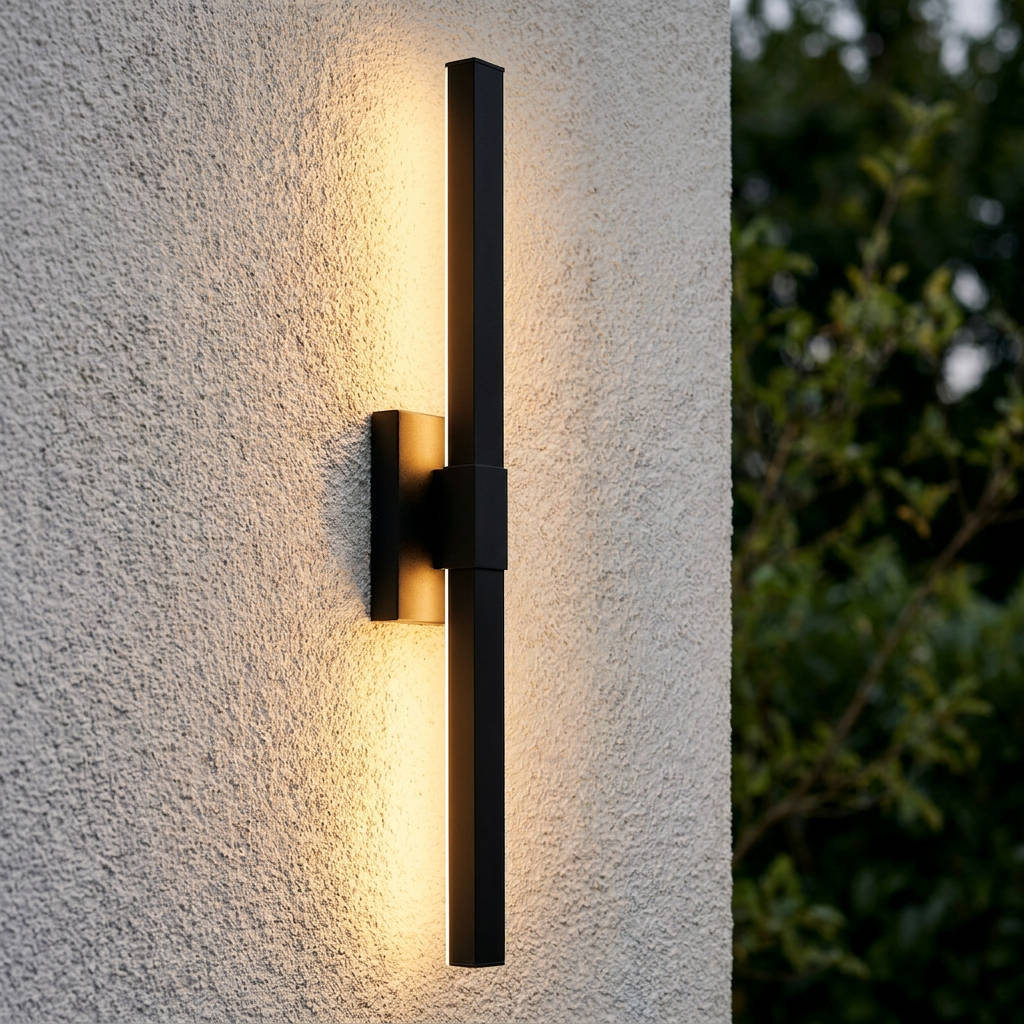 Modern black vertical LED wall sconce casting a warm glow against a textured exterior stucco wall.