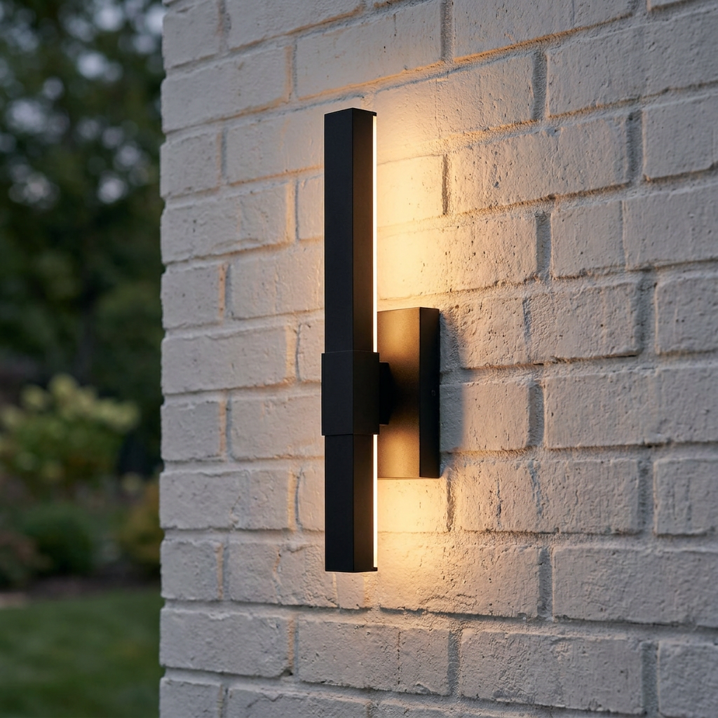 Modern black linear LED wall sconce emitting a warm glow on a white brick exterior wall.