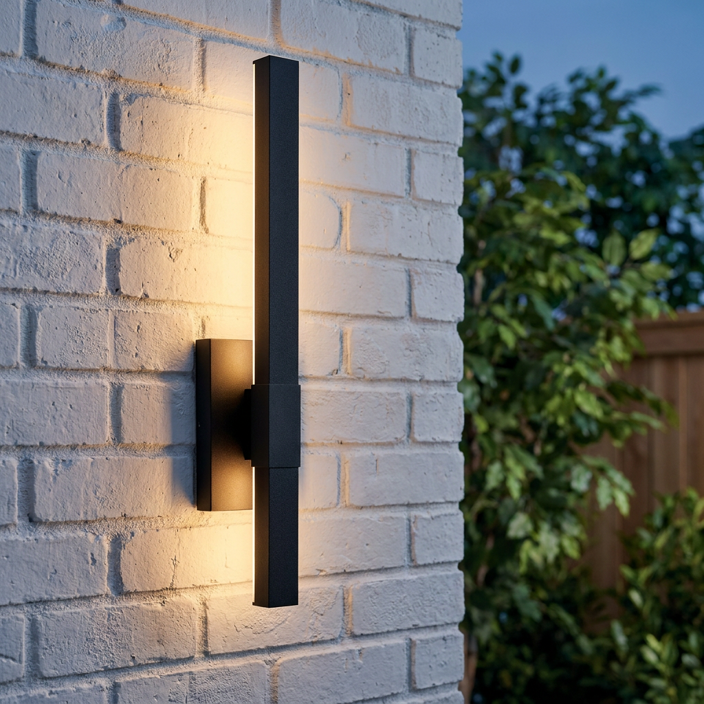 Black Kichler Nocar LED exterior wall light glows against a white brick wall in an outdoor setting.