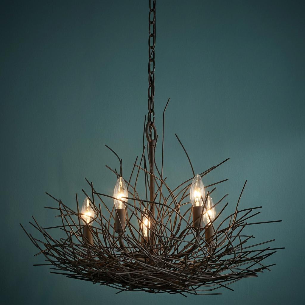 Five-light bronze chandelier with a unique bird's nest wire frame design against a blue background.