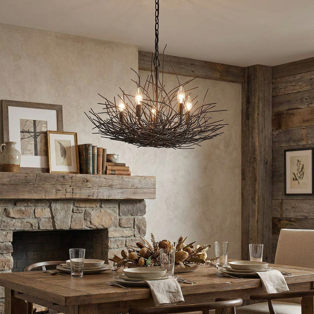 Bronze nest-inspired chandelier with five candle lights hanging above a rustic dining table near a stone fireplace.