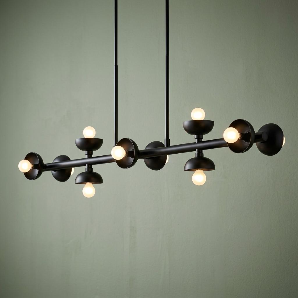 Modern Kichler Palta 10-light black linear pendant with round bulbs in dish-like sockets against a green wall.