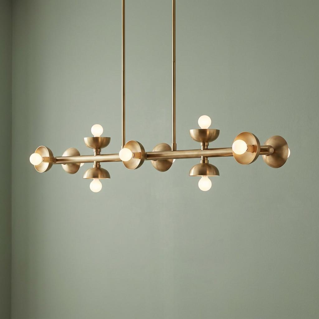 Modern brass linear pendant with ten exposed bulbs and decorative bowl accents against a green wall.