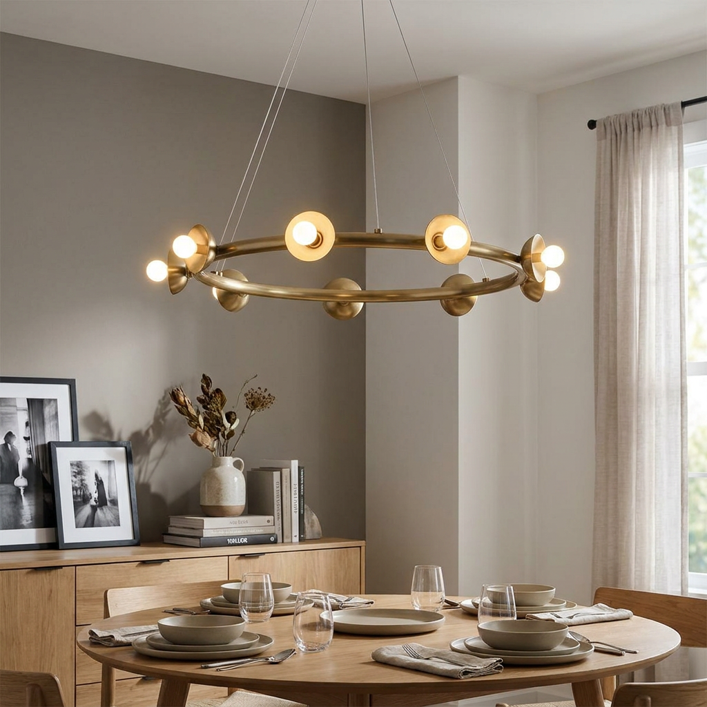 Kichler Palta 9-light bronze chandelier hanging over a wooden dining table in a minimalist neutral-toned room.