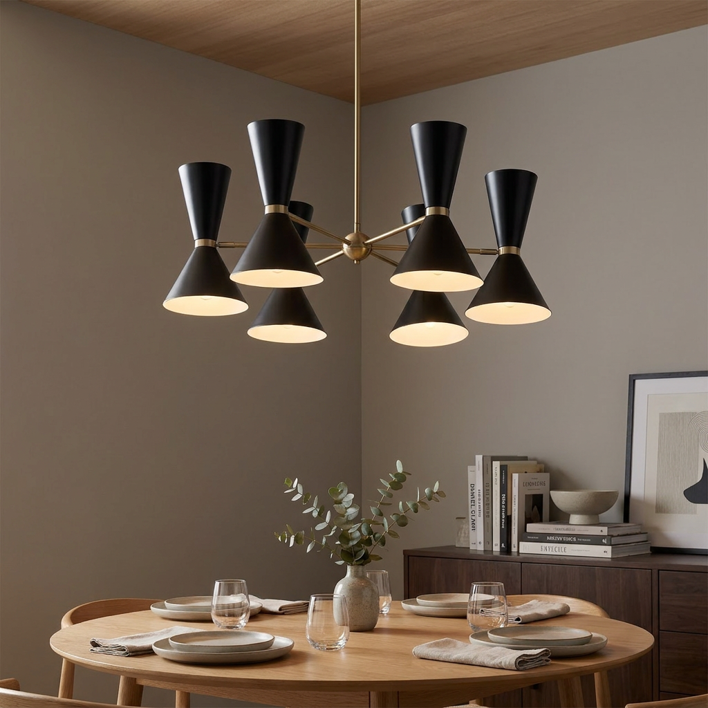 Kichler Phix 6-arm 12-light black and brass chandelier hanging over a modern wooden dining table.