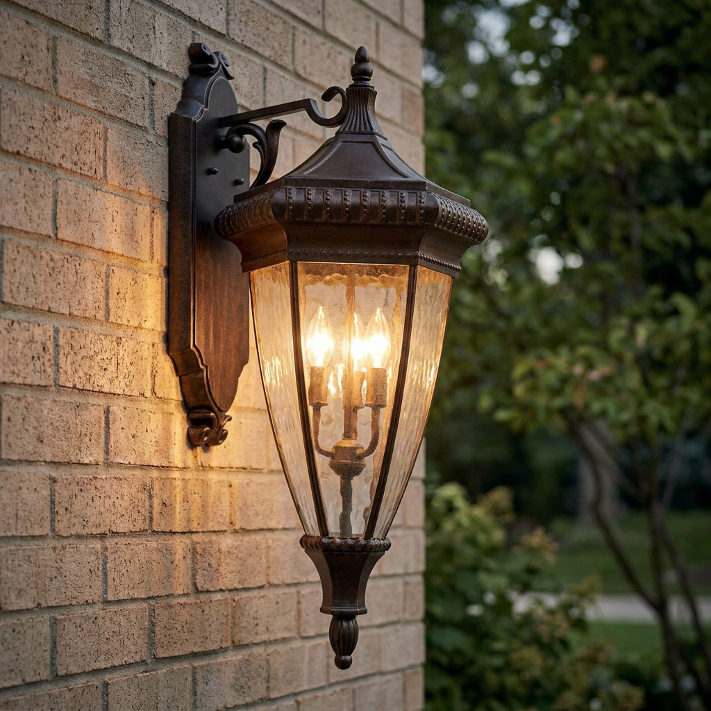 Kichler Rain brushed bronze large outdoor wall lantern with three lit bulbs mounted on a brick wall.