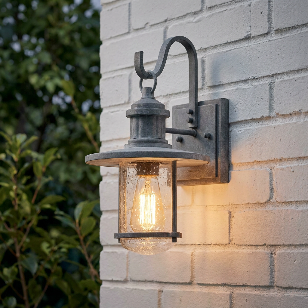 Weathered zinc outdoor wall light with a seeded glass shade and glowing bulb mounted on a white brick wall.